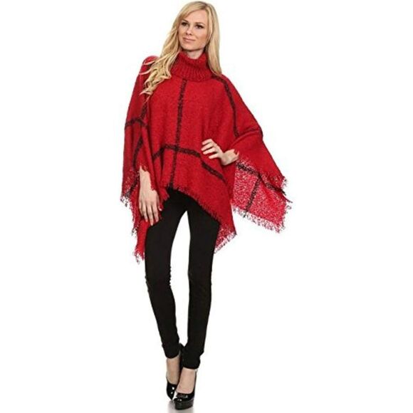 Plaid Cowl Neck Turtle Neck Fringed Poncho Shawl Sweater Cape One Size - Picture 2 of 7